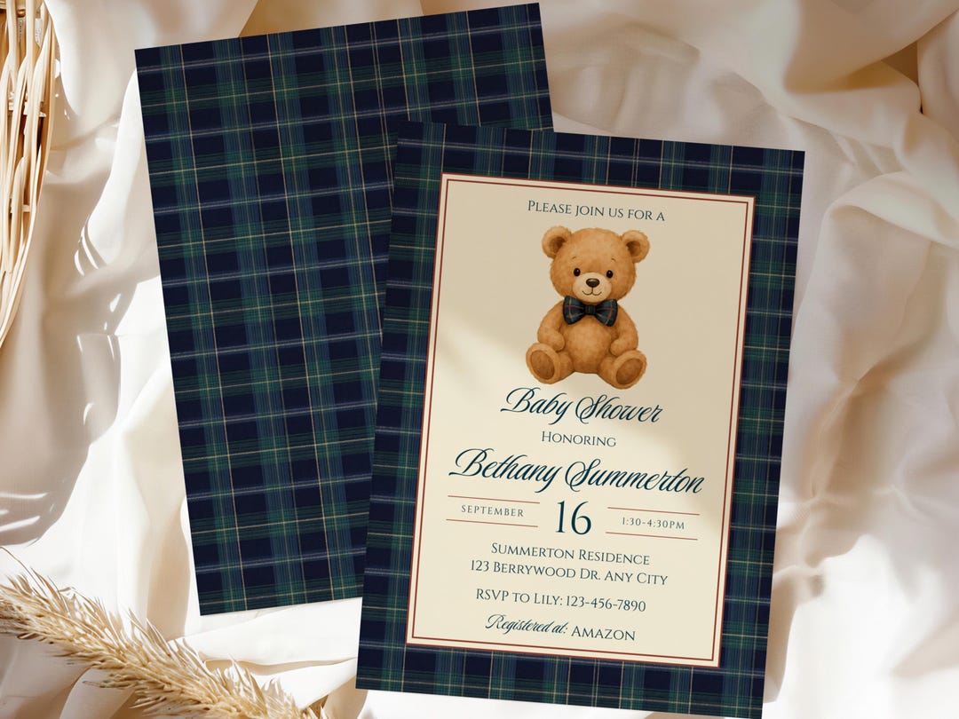 Polo Teddy Bear Baby Shower Invitation Template, Plaid Preppy Baby ...