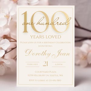 Editable 100th Birthday Invitation, Gold Elegant 100th Birthday Invite, Print or Share Digitally, Instant Digital Download, Canva Template