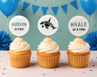 Editable Orca Cupcake Toppers Canva Template, Printable Killer Whale Birthday Cupcake Toppers, Kids Party Decor, Instant Digital Download
