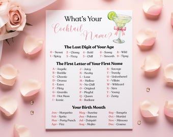What's Your Cocktail Name Printable Party Game, Girls Margarita 21st Birthday Game, Girls Night Game, Cocktail Name Generator, Drink Name