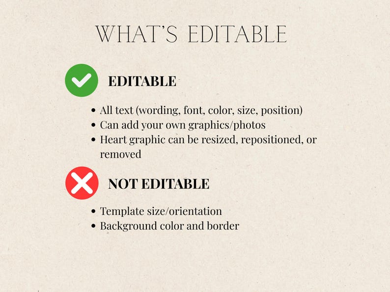May include: A beige graphic with the text "WHAT'S EDITABLE". It lists what can be edited: all text, graphics, and a heart graphic. It also lists what is not editable: template size/orientation, and background color and border.