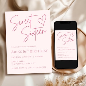 Pink Sweet Sixteen Birthday Invitation, Printable Sweet 16 Birthday Invite, Minimalist 16th Invite, Instant Digital Download, Edit in Canva