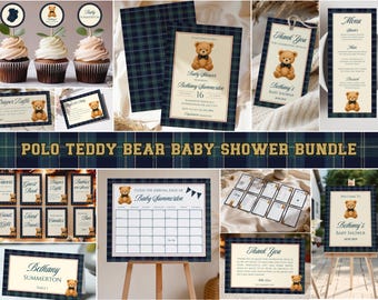 Polo Teddy Bear Baby Shower Bundle, Classic Plaid Baby Shower Invitation Set, Preppy Lauren Polo Baby Shower, Instant Digital Download
