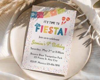 Fiesta Birthday Invitation, Printable Mexican Fiesta Party Invite, Papel Picado Birthday Invite, Edit in Canva, Instant Digital Download 5x7