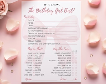 Who Knows the Birthday Girl Best Game, Printable Pink Bow Birthday Party Game for Girls, Teen or Tween Girl Party Game, Instant PDF Download