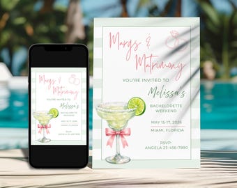 Margs and Matrimony Bachelorette Party Invitation Template, Editable Green Margarita Invite for Girls Weekend, Cocktail Bridal Shower Invite