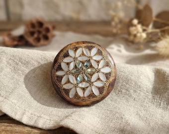 Handmade Mother of Pearl Compact Mirror – Wooden Hand Mirror, Boho Vintage Pocket Mirror, Unique Gift for Her, Christmas Gift