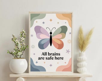 All Brains Are Safe Here Poster – Neurodiversity Classroom Decor – Autism ADHD Inclusive Wall Art – Calm Corner Therapy Office Print