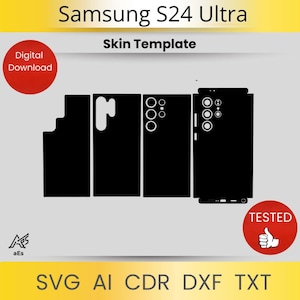 May include: A black skin template for a Samsung S24 Ultra phone. The template is composed of several black cutouts, including the back, sides, and camera area. The words "Skin Template" and "Digital Download" are visible.