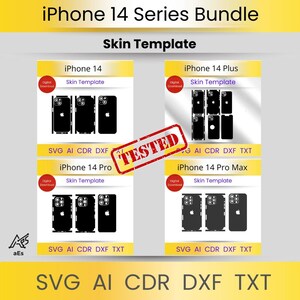 以下が含まれることがあります： iPhone 14シリーズのスキンテンプレートバンドルの画像。 iPhone 14、14 Plus、14 Pro、14 Pro Maxのテンプレートが含まれています。 各テンプレートは黒色で、電話のアウトラインが表示されています。 「TESTED」の文字が画像全体にスタンプされています。