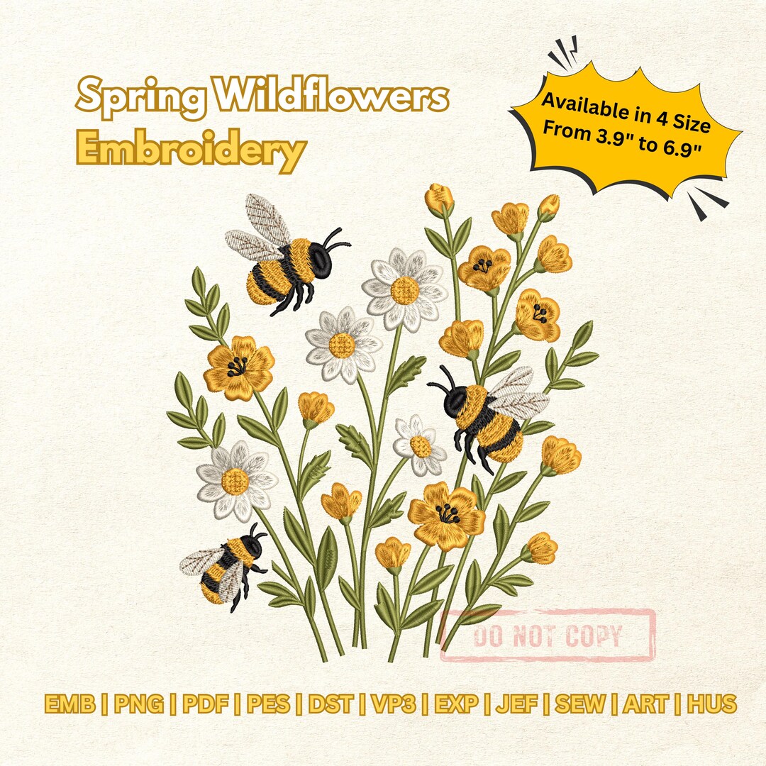 Daisy Honeybee Machine Embroidery Design | Cute Bee Flower Pattern ...