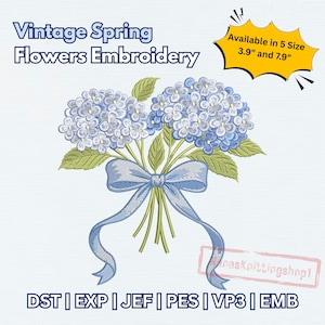 May include: Vintage spring flowers embroidery design featuring a bouquet of blue hydrangeas tied with a blue ribbon. The design is available in 5 sizes, including 3.9" and 7.9". The text "Vintage Spring Flowers Embroidery" is at the top.