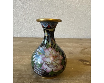 Vintage Cloisonne Enamel and Bronze Black with Peony Flower 4" Decorative Vase