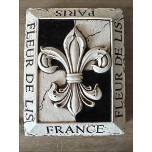 Vintage Wandplatte Memory Block Schwarz & Creme Distressed Fleur De Lis Paris