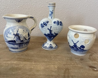 Vintage Delft Blue Planter Pitcher Oil Dispenser Holland Windmills Boats Floral