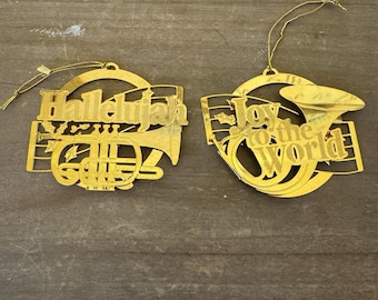 Lot of 2 Vintage Hallmark Brass Ornaments Musical Instruments Songs 1988