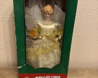 Kurt Adler LED Fiber Optic Angel Christmas Tree Topper Ivory And Gold WORKING
