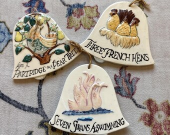 Vintage Set of 3, 12 Days Of Christmas Bell Shaped Ornaments.