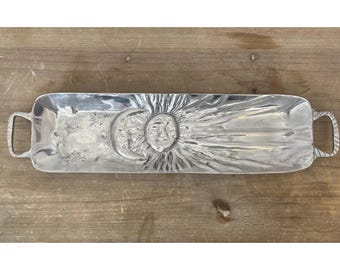 Vintage 90s Silver Metal Serving Cracker Tray Sun & Moon Eclipse Celestial Decor