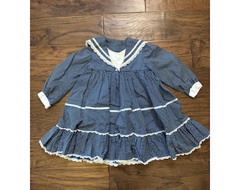Vintage Handmade Baby Girl Blue Polkadot Dress Lace Ruffles Sailor 18 Mo