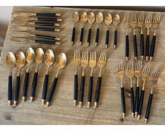 Vintage Brass & Black Bakelite Set Flatware Silverware 32 Piece Set