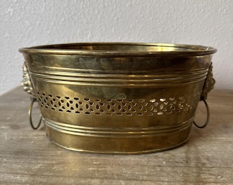 Vintage Large Double Lions Head Brass Oval Cottage 11" Grand Millennial Planter