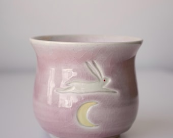 SECONDS** handmade ceramic bunny jumping over the moon pink cup