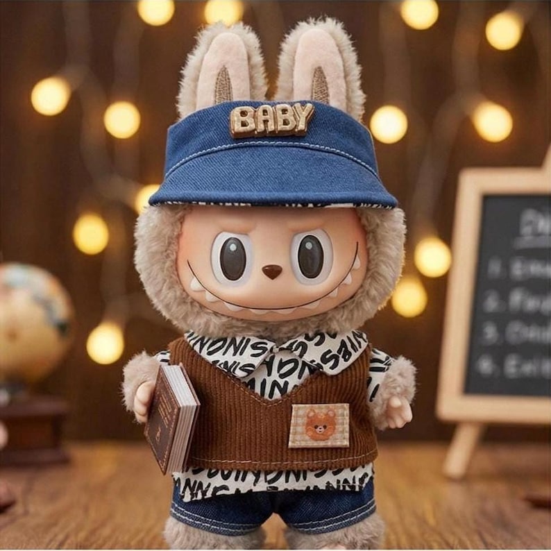 Puede incluir: Una mu&ntilde;eca caprichosa con apariencia de conejo, que lleva un sombrero de mezclilla azul con "BABY", un chaleco marr&oacute;n y pantalones cortos de mezclilla. La mu&ntilde;eca sostiene un peque&ntilde;o libro y tiene una expresi&oacute;n amigable. El atuendo de la mu&ntilde;eca tiene un parche de oso.