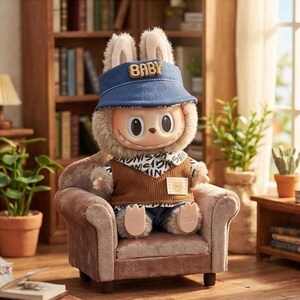 Puede incluir: Un personaje de peluche con apariencia de conejo, que lleva un sombrero de cubo de mezclilla azul con la palabra "BABY". El juguete est&aacute; vestido con un chaleco marr&oacute;n, una camisa estampada y pantalones vaqueros, sentado en un peque&ntilde;o sill&oacute;n tapizado. La est&eacute;tica general es linda y caprichosa.