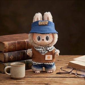 Puede incluir: Un peluche de conejo que lleva un sombrero de pescador de mezclilla azul con la palabra "BABY". El conejo viste un chaleco de pana marr&oacute;n, una camisa con cuello con un estampado en blanco y negro y pantalones cortos de mezclilla. Un peque&ntilde;o parche de oso est&aacute; en el chaleco.