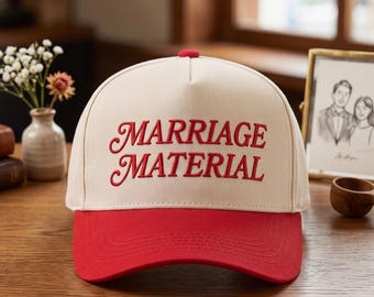 Marriage Material Embroidered Hat, Cream Red Two Tone Embroidered Bride Baseball Dad Cap