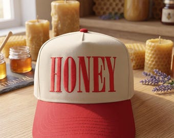 Honey Embroidered Hat, Cream Red Two Tone Embroidered Sweet Word Trendy Baseball Dad Cap