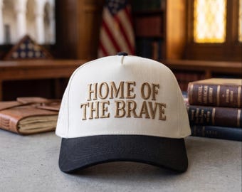 Home Of The Brave Hat, Patriotic Cream Black Two Tone Embroidered Baseball Cap