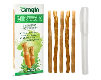Pack of 5 Miswak Sticks for Teeth with Holder – Vacuum Sealed Sewak Stick, Natural Toothbrush