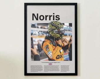 Puede incluir: Póster enmarcado con el nombre "Norris" en la parte superior. La imagen muestra a un piloto de Fórmula 1 con un traje y casco de carreras amarillos y naranjas. El póster incluye una firma y la cita: "Soy absolutamente mi mayor crítico."