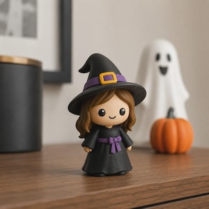 May include: A small figurine of a witch with brown hair, wearing a black dress with a purple waist tie and a black pointed hat featuring a purple band and a yellow buckle. The character has large black eyes and a simple smiling mouth.