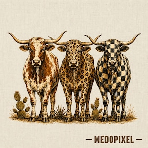 May include: A digital illustration of three longhorn cattle standing side by side. The left bull has a brown speckled coat, the centre bull features a leopard print pattern, and the right bull has a black and white checkerboard design. Text reads MEDOPIXEL.