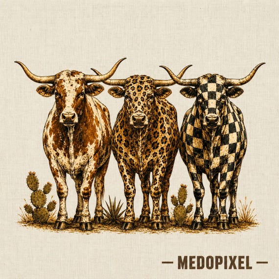 Longhorn Cattle PNG, Western Cow Clipart, Spotted & Checkered Cow Sublimation Design, Ranch Digital Download