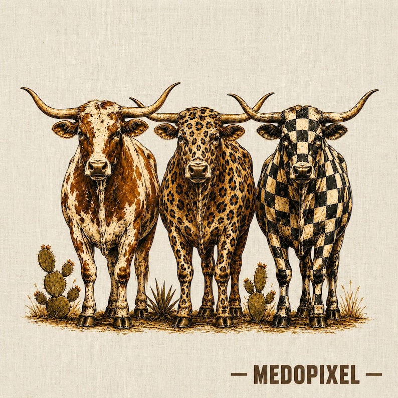 Pode incluir: Uma ilustra&ccedil;&atilde;o digital de tr&ecirc;s bois longhorn em p&eacute; lado a lado. O boi da esquerda tem uma pelagem castanha salpicada, o central apresenta um padr&atilde;o de leopardo e o da direita um design de xadrez preto e branco. O texto diz MEDOPIXEL.