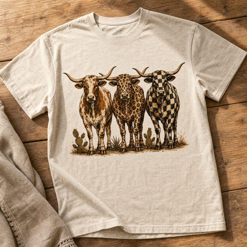 Pode incluir: Uma t-shirt de manga curta em bege mesclado com uma estampa gr&aacute;fica de tr&ecirc;s bovinos longhorn num cen&aacute;rio des&eacute;rtico. O bovino da esquerda tem pelagem castanha com manchas, o do meio tem padr&atilde;o de leopardo e o da direita &eacute; axadrezado.