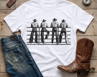 Four Cowboys Fence PNG, Vintage Western T-Shirt Design, Retro Rodeo Graphic, Country Western Sweatshirt File
