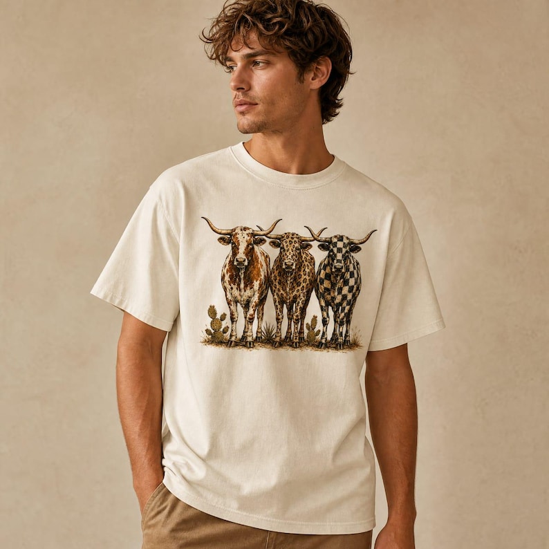 Pode incluir: Uma t-shirt de manga curta cor de creme com uma impress&atilde;o gr&aacute;fica de tr&ecirc;s bovinos longhorn de p&eacute; juntos. Os bovinos t&ecirc;m padr&otilde;es distintos, incluindo manchas, estampado de leopardo e um design de xadrez preto e branco com pequenos cactos.