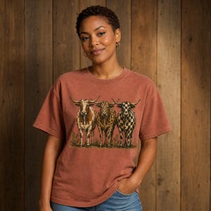 Pode incluir: Uma t-shirt de manga curta cor de terracota com uma impress&atilde;o gr&aacute;fica de tr&ecirc;s bovinos longhorn lado a lado. Os bovinos t&ecirc;m padr&otilde;es distintos: um &eacute; salpicado, um tem padr&atilde;o de leopardo e um tem um padr&atilde;o de xadrez preto e branco.