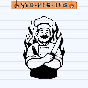 Könnte beinhalten: Schwarz-weiße Illustration eines Kochs mit Schnurrbart, Kochmütze und Uniform, der einen Pfannenwender und ein Messer hält, mit Flammen im Hintergrund. Der Text "SVG.PNG.JPG" ist enthalten.