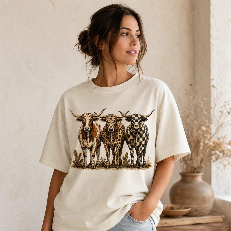 Pode incluir: Uma t-shirt de manga curta em tom off-white com uma estampa gr&aacute;fica de tr&ecirc;s bovinos longhorn em fila. A primeira vaca tem um padr&atilde;o castanho salpicado, a segunda um padr&atilde;o de leopardo e a terceira um padr&atilde;o de xadrez preto e branco.