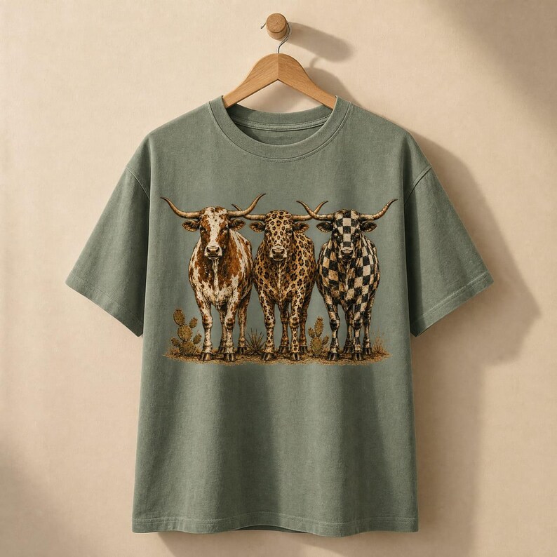 Pode incluir: Uma t-shirt de manga curta verde s&aacute;lvia com uma impress&atilde;o gr&aacute;fica de tr&ecirc;s bovinos longhorn num cen&aacute;rio des&eacute;rtico. A vaca central tem um padr&atilde;o de leopardo, enquanto a vaca da direita apresenta um padr&atilde;o axadrezado preto e branco.