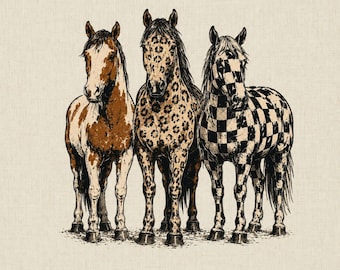 Pode incluir: Uma ilustração gráfica de três cavalos lado a lado. O cavalo da esquerda tem pelagem castanha e branca, o central apresenta um padrão de leopardo e o da direita tem um design de xadrez preto e branco. O texto diz MEDOPIXEL.