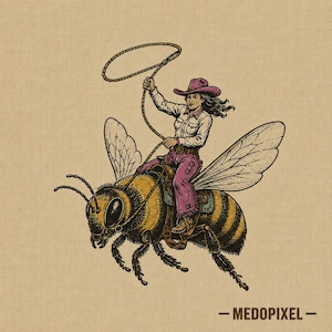 May include: A detailed illustration of a person wearing a pink cowboy hat and pants, riding a large yellow and black striped bee. The person holds a lasso above their head. The text MEDOPIXEL is printed in the bottom right corner of the image.