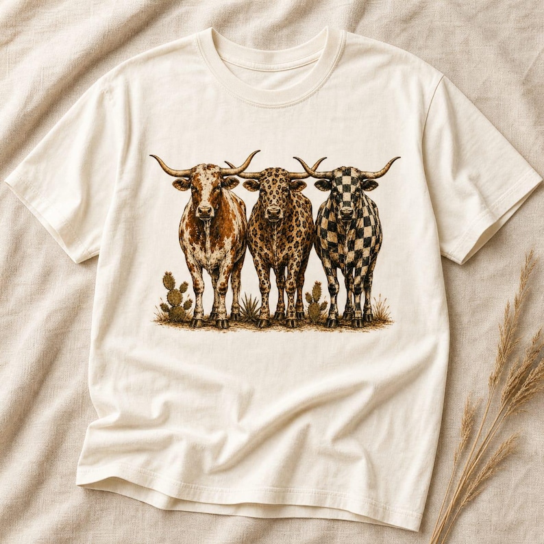 Pode incluir: Uma t-shirt de cor creme com uma impress&atilde;o gr&aacute;fica de tr&ecirc;s bovinos longhorn num cen&aacute;rio des&eacute;rtico. A primeira vaca tem uma pelagem castanha salpicada, a segunda um padr&atilde;o de leopardo e a terceira um design de xadrez preto e branco.