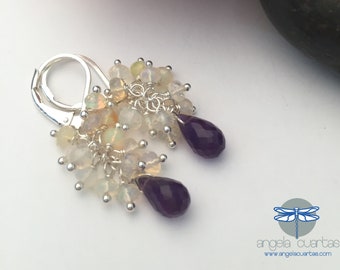 Amethyst Gemstone, Ethiopian Opal Earrings, Cluster Dangle Earrings, OOAK Dainty Gemstone Sterling Silver Earrings under 70